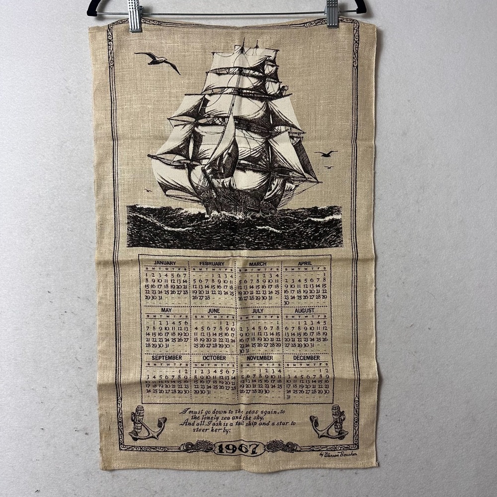 Vintage 1967 Linen Calendar Tea Towel Warren Boucher Tall Ship Nautical Sea Poem